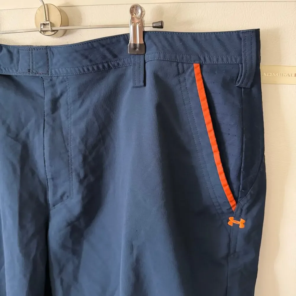 UA Under Armour Mens Size 42 Casual Shorts Flat Front Blue Orange Stretch Pocket
